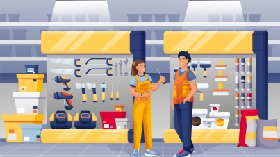 People in hardware shop, woman assistant standing and talking to man. Tools and materials store interior design panorama with drills, toolkits, hammers, screwdrivers.